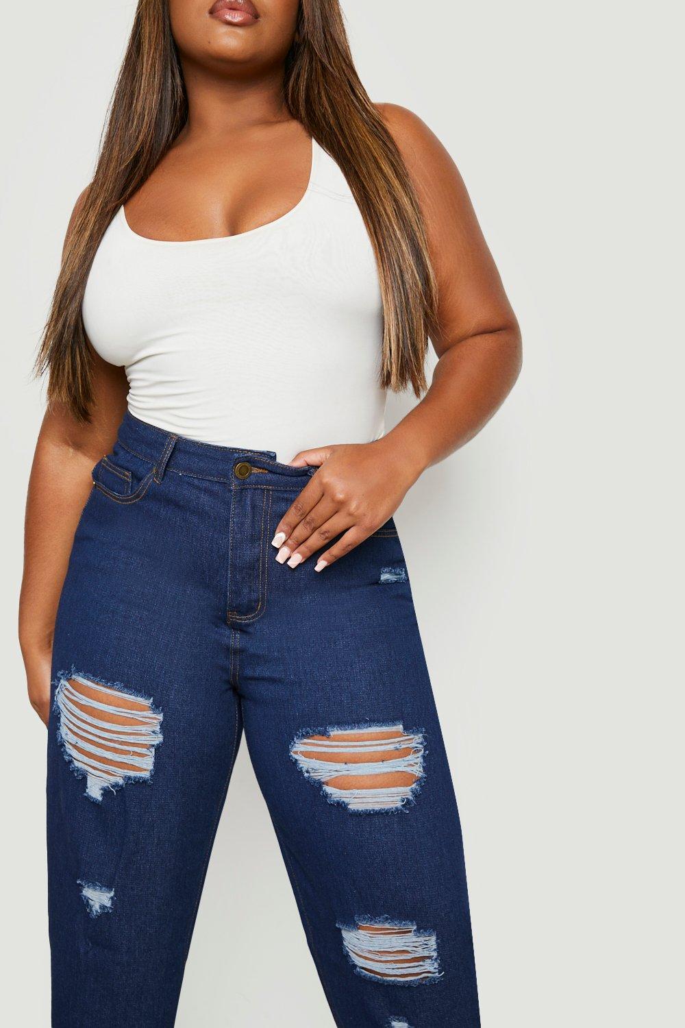 Plus Ripped Distressed High Waist Mom Jeans