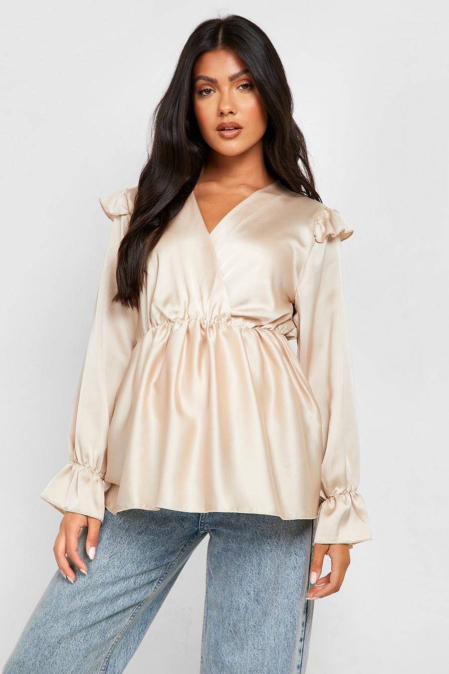 Champagne beis Maternity Satin Ruffle Wrap Top