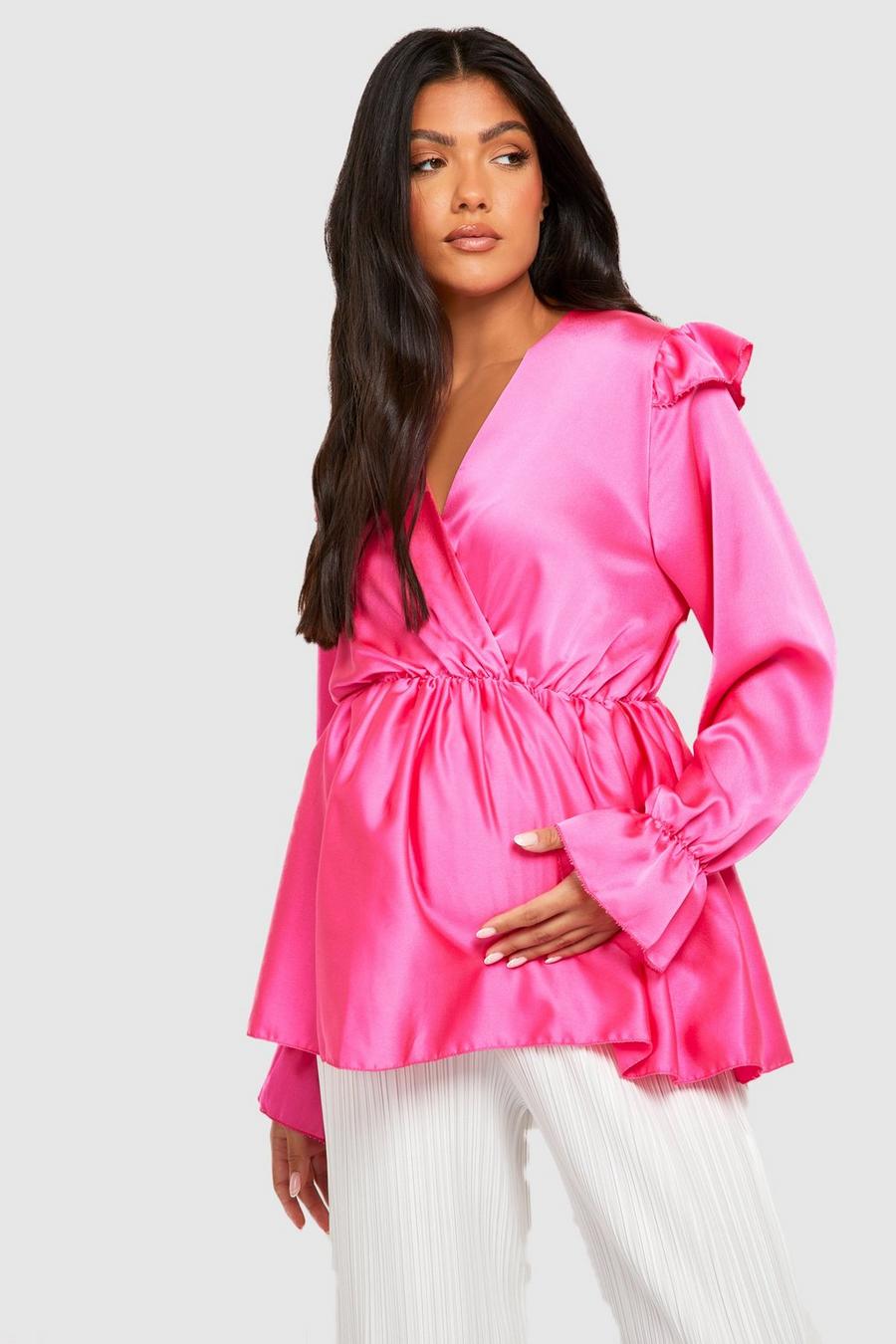 Hot pink Mammakläder - Omlott-topp i satin med volanger image number 1