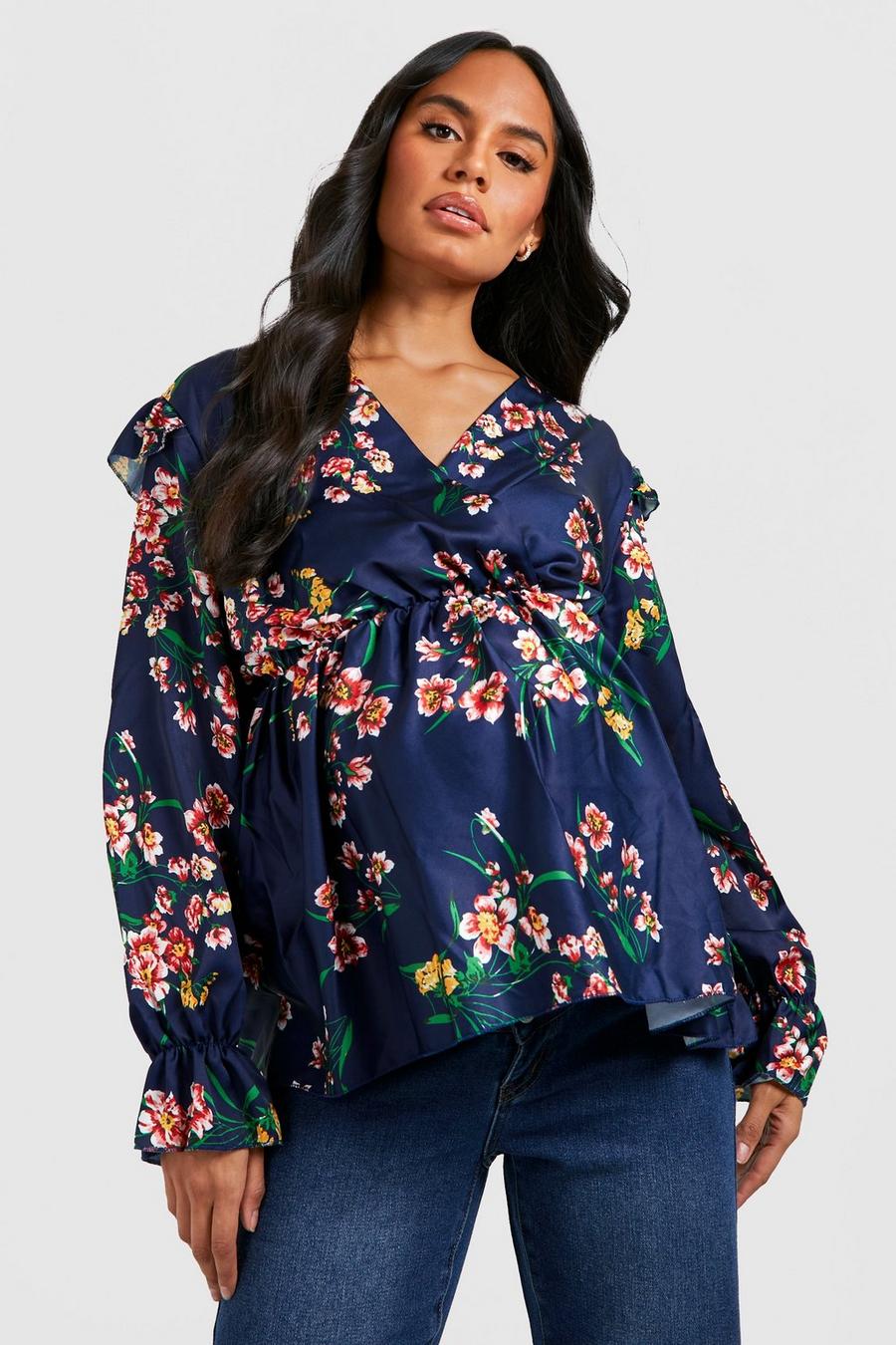 Navy Maternity Floral Satin Ruffle Wrap Top image number 1