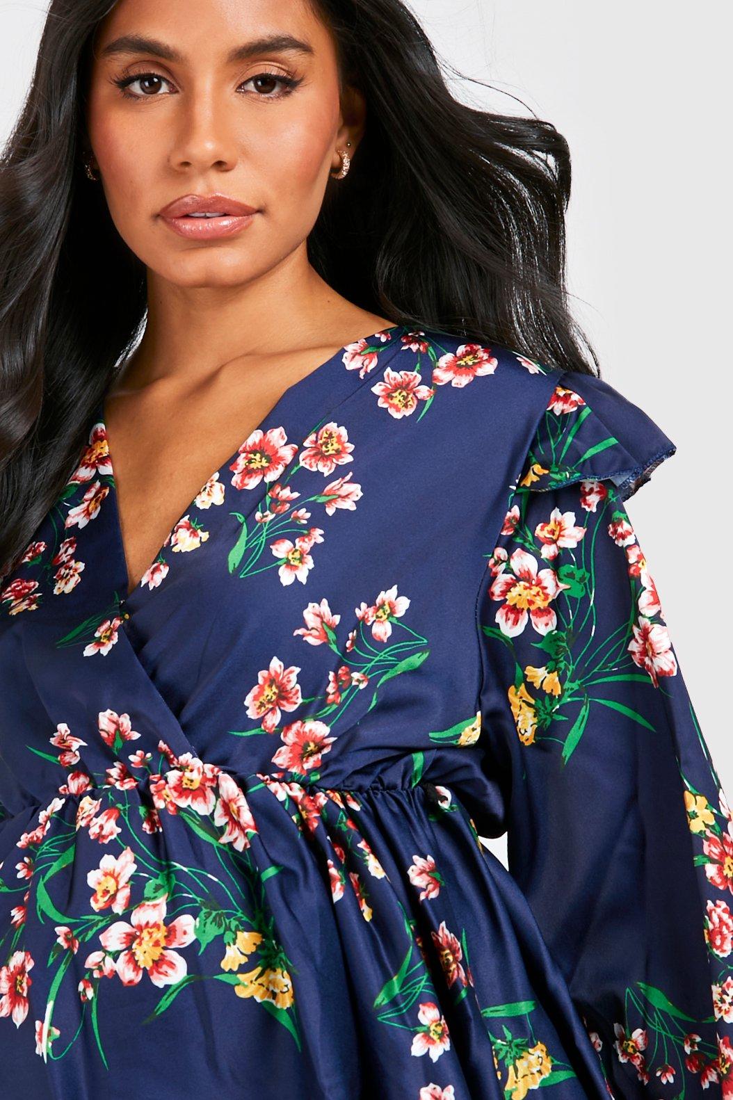 Maternity Floral Satin Ruffle Wrap Top boohoo USA