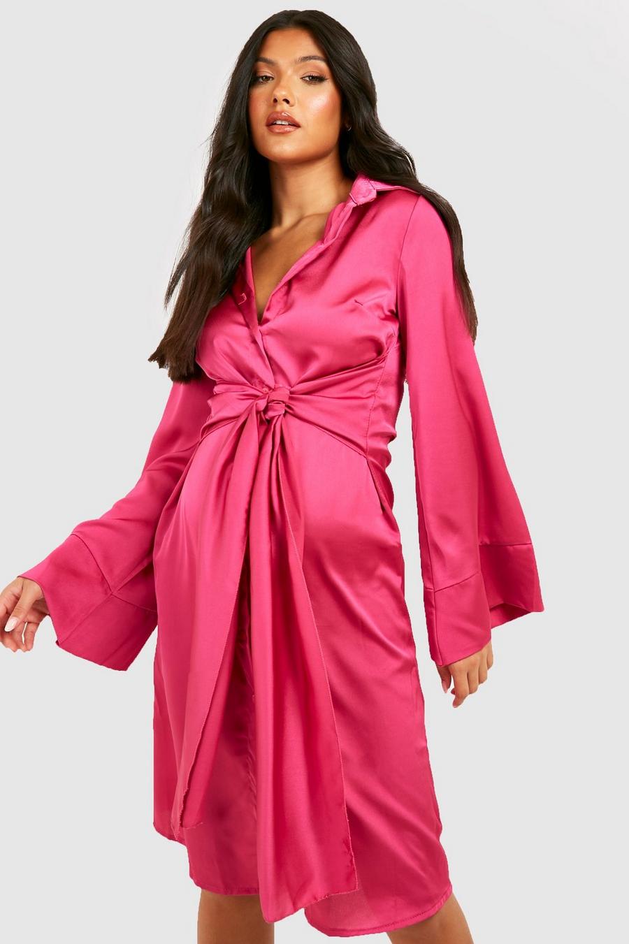 Hot pink Maternity Satin Tie Waist Shirt Midi Dress image number 1