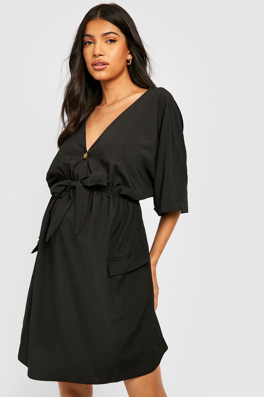 Black Maternity Utility Button Front Smock Dress image number 1
