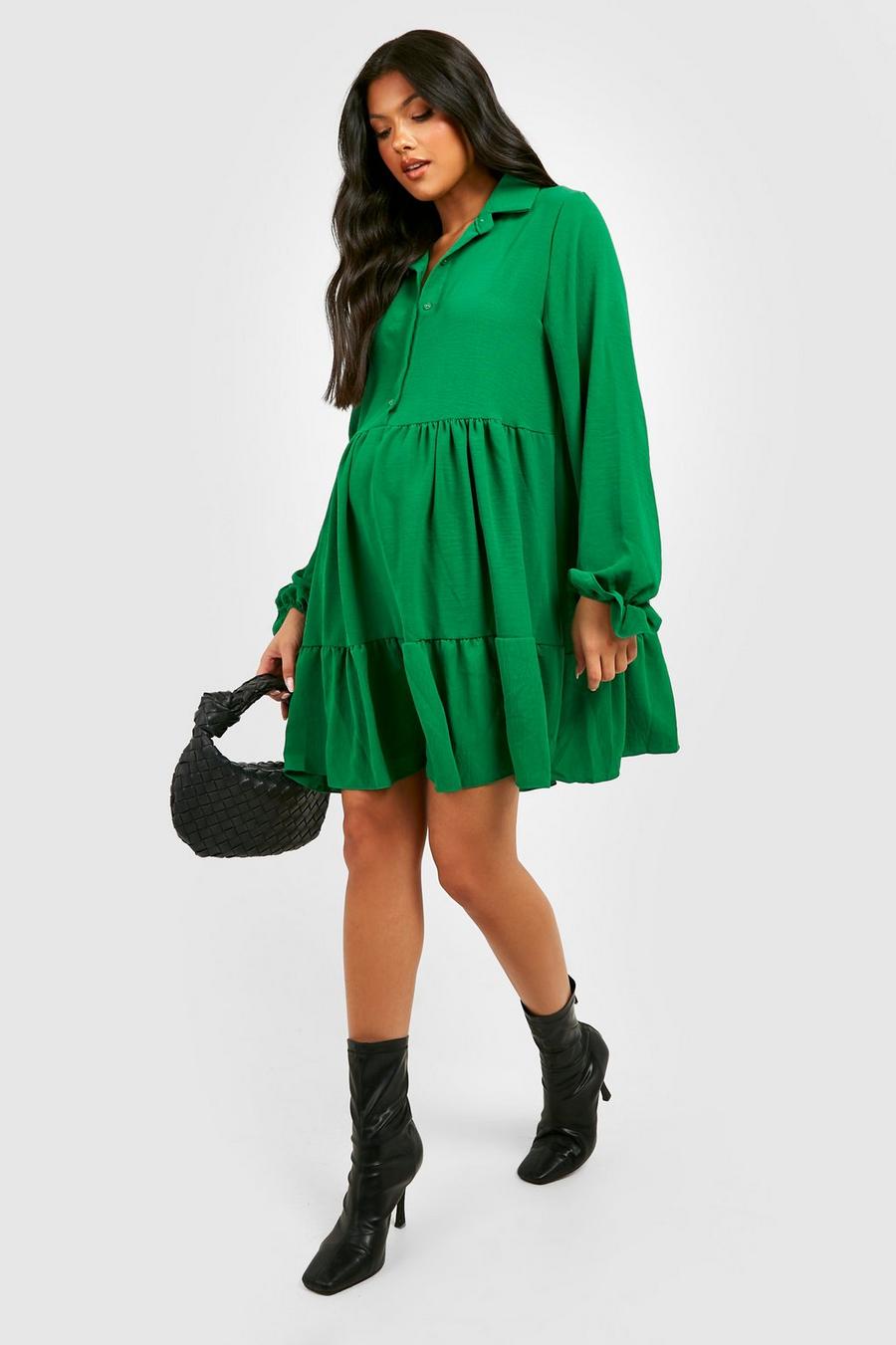 Green Maternity Crinkle Tiered Smock Dress image number 1