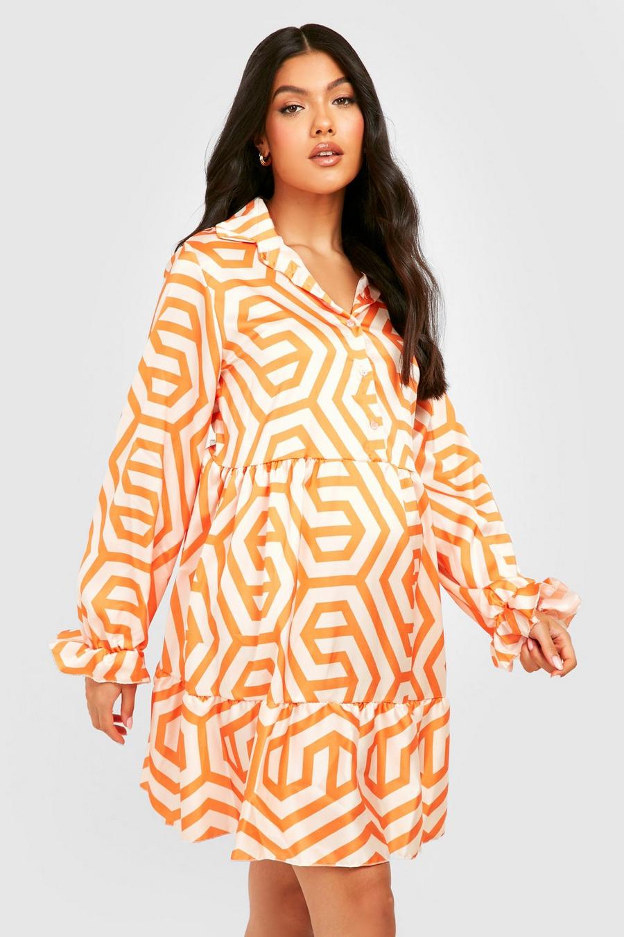 Orange Maternity Geo Tiered Smock Dress