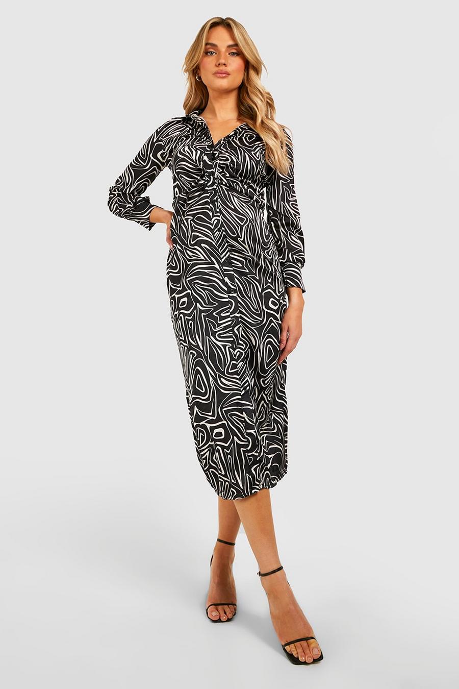Black Maternity Abstract Ruched Shirt Midi Dress image number 1