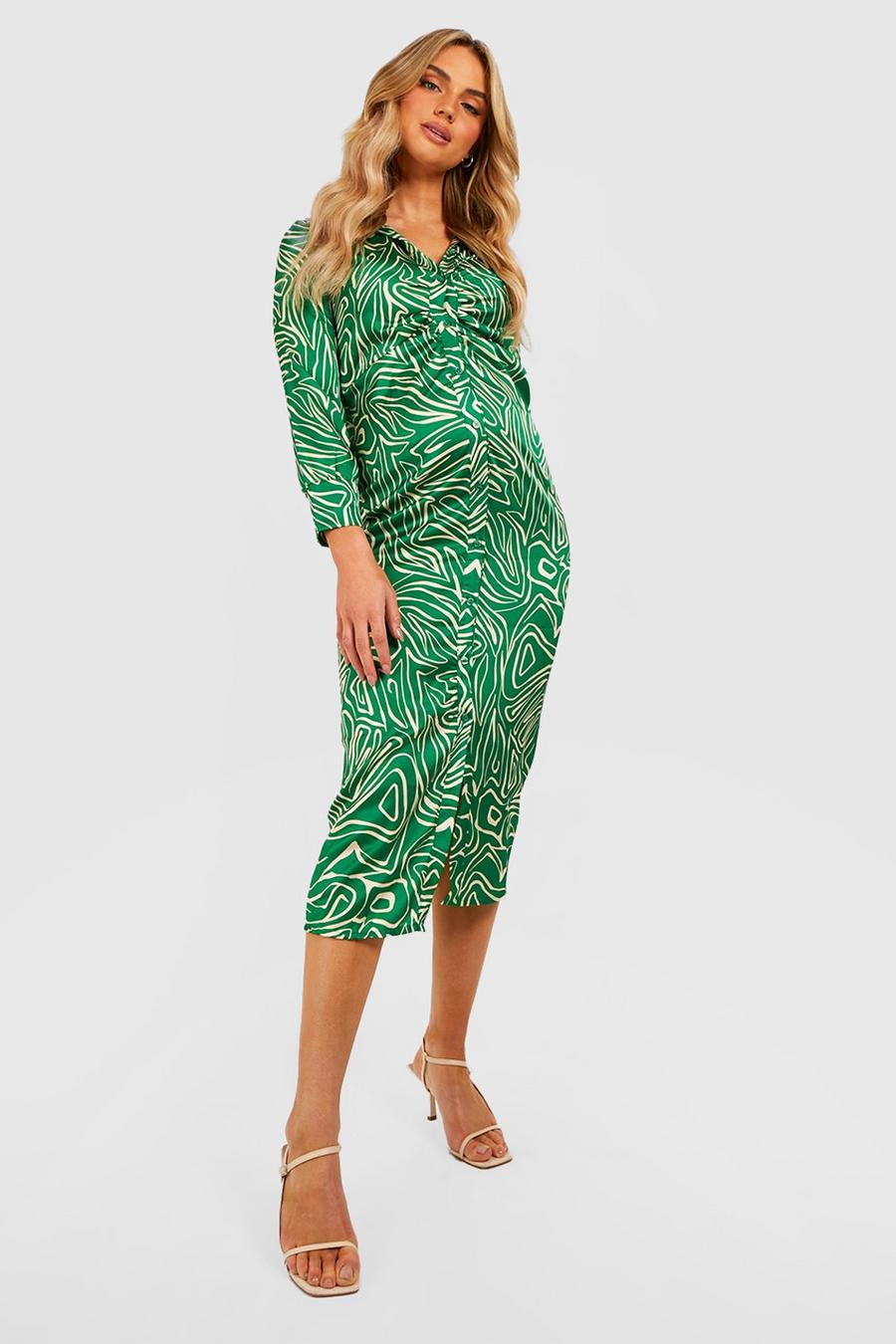 Green Maternity Abstract Ruched Shirt Midi Dress image number 1