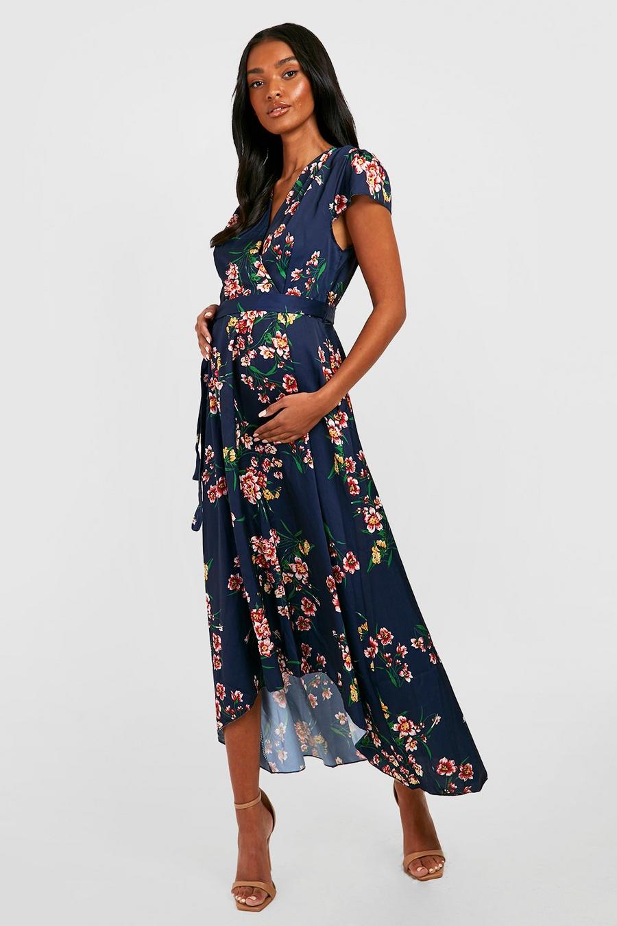 Navy Maternity Tie Waist Floral Midi Dress image number 1