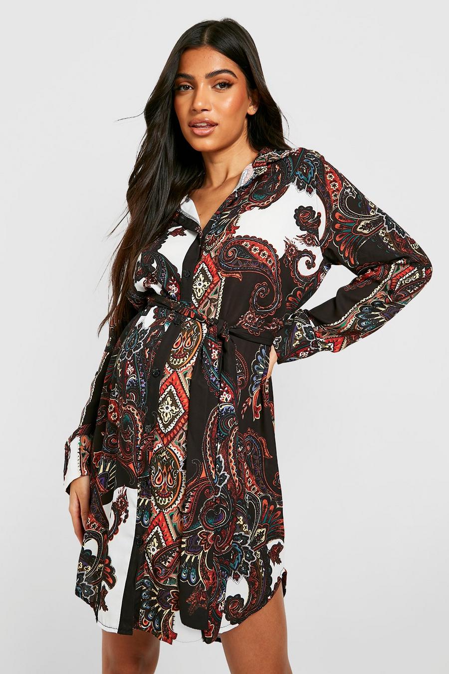 Multi Maternity Paisley Belted Shirt Dress image number 1