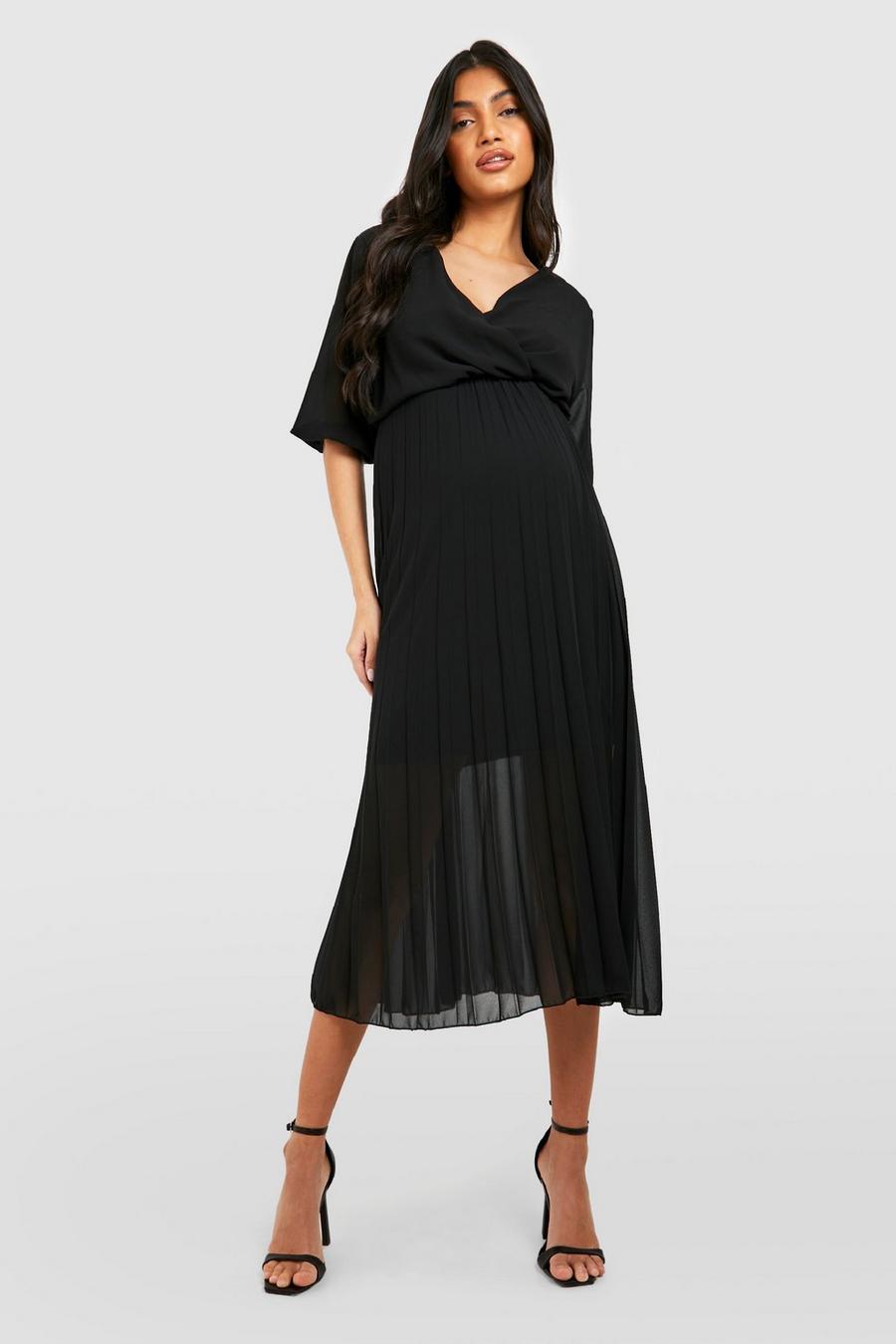 Black Maternity Pleated Wrap Midi Dress image number 1