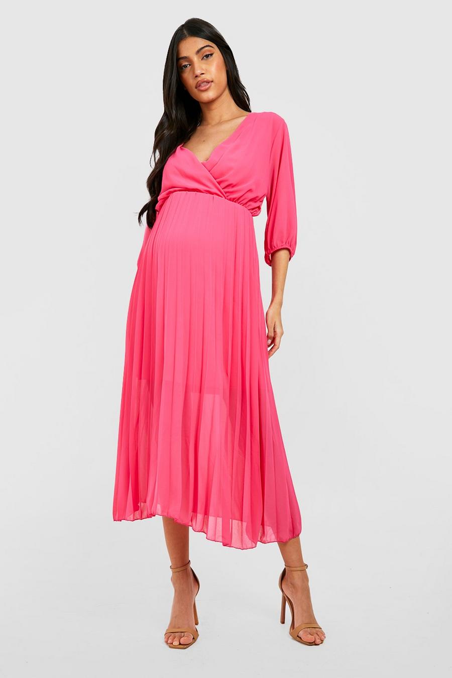 Pink Maternity Pleated Wrap Midi Dress image number 1