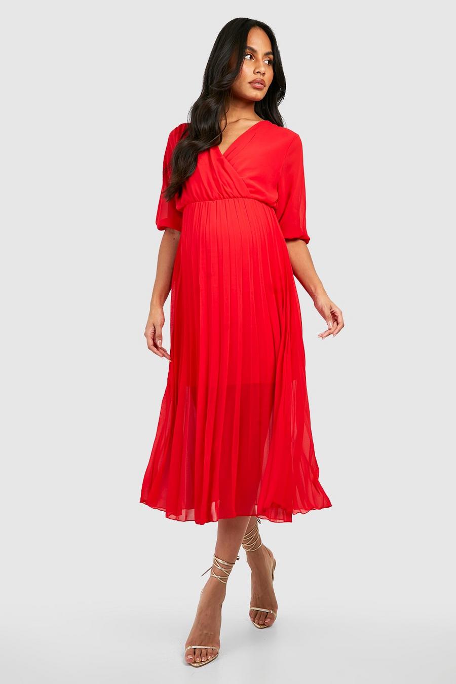 Red Maternity Pleated Wrap Midi Dress