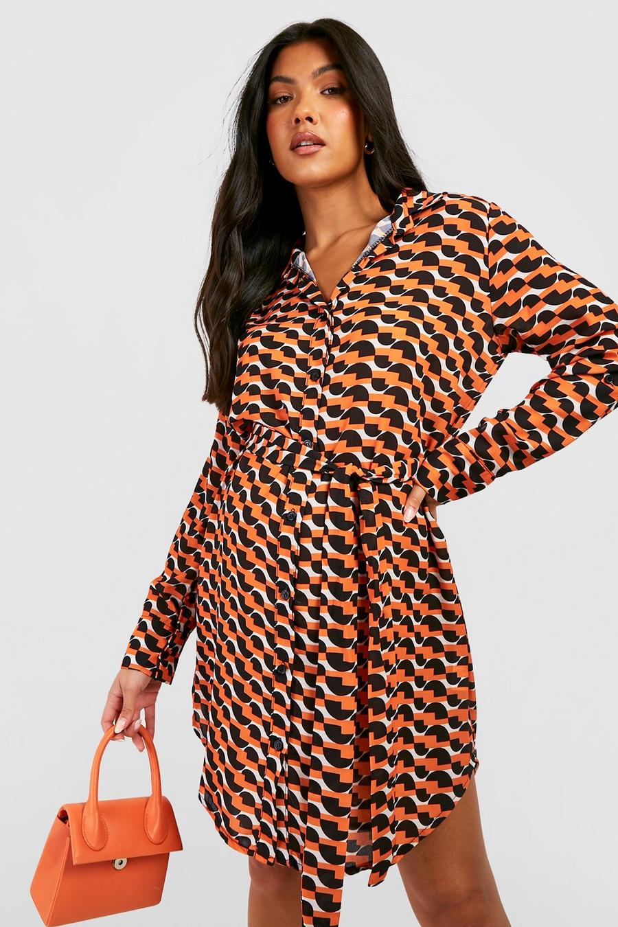 Orange Maternity Geo Belted Shirt Dress