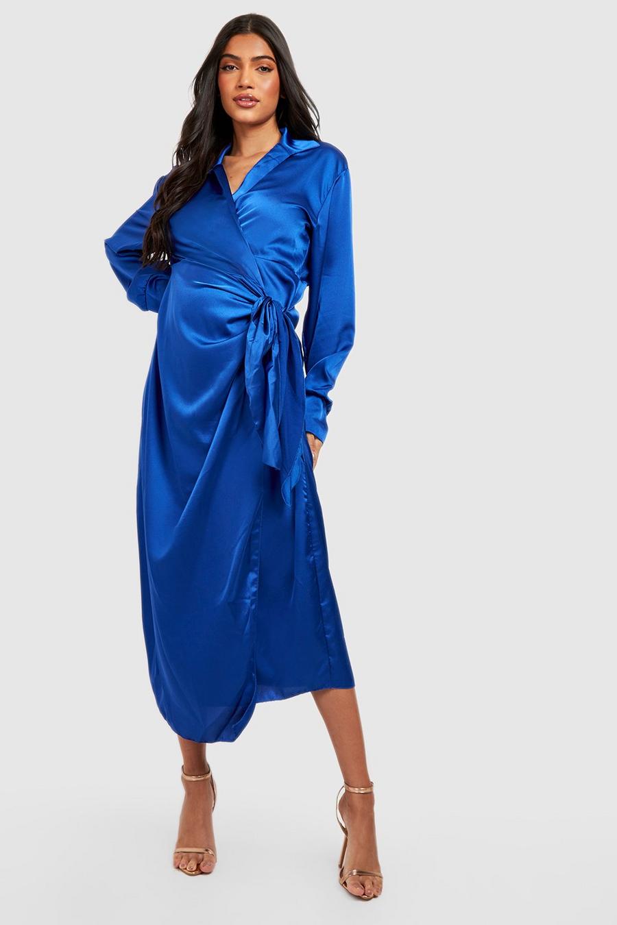 Cobalt bleu Maternity Satin Wrap Midi Dress