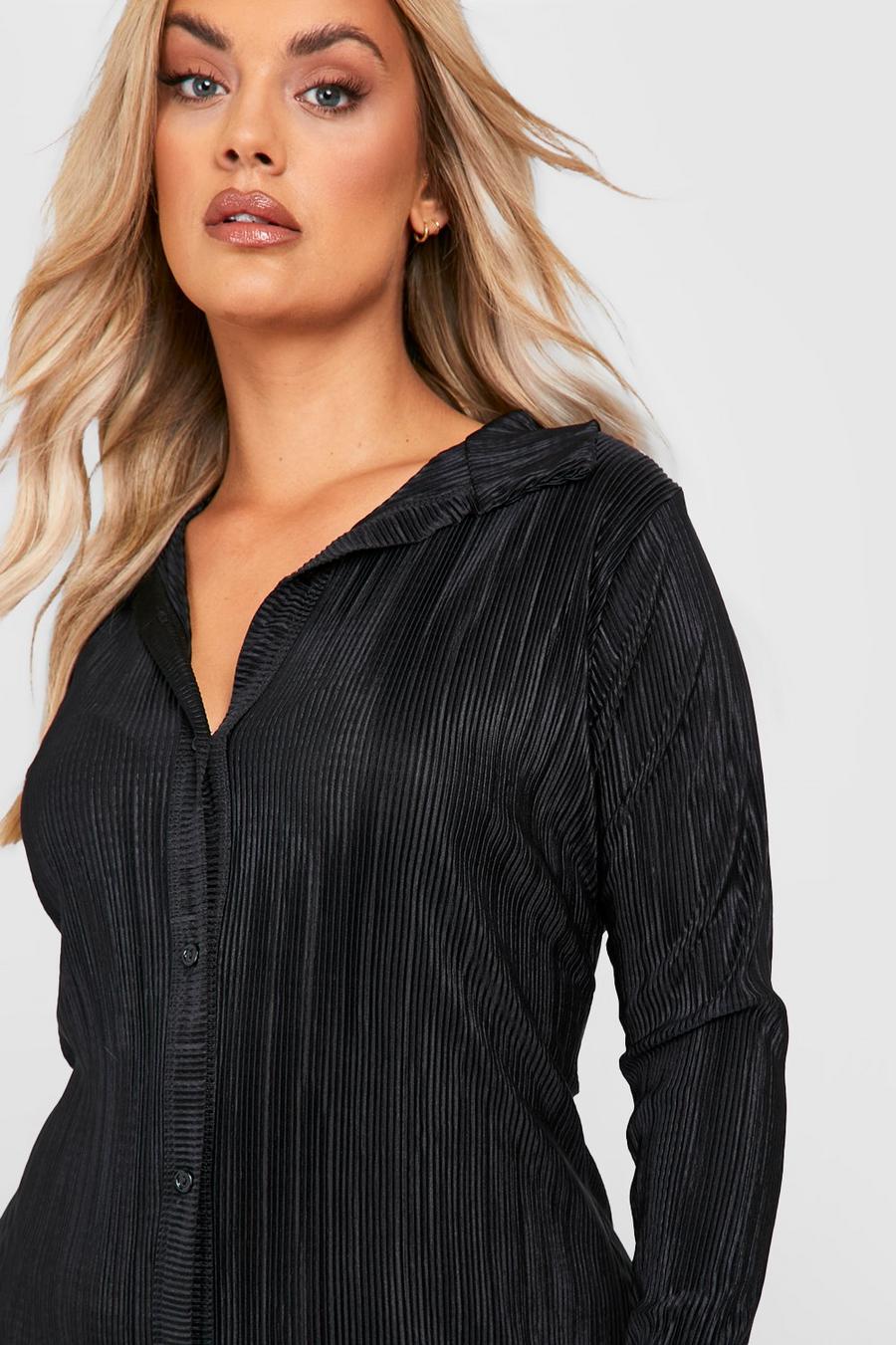 Black Plus Plisse Split Midi Shirt Dress image number 1