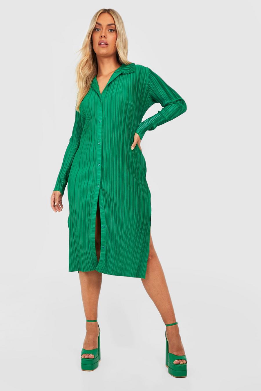 Green Plus Plisse Split Midi Shirt Dress
