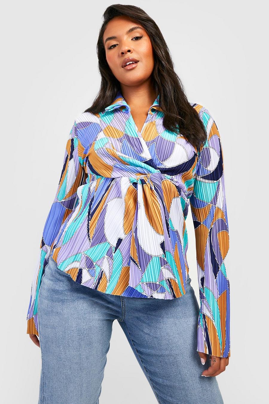 Lilac Plus Abstract Plisse Twist Front Shirt image number 1