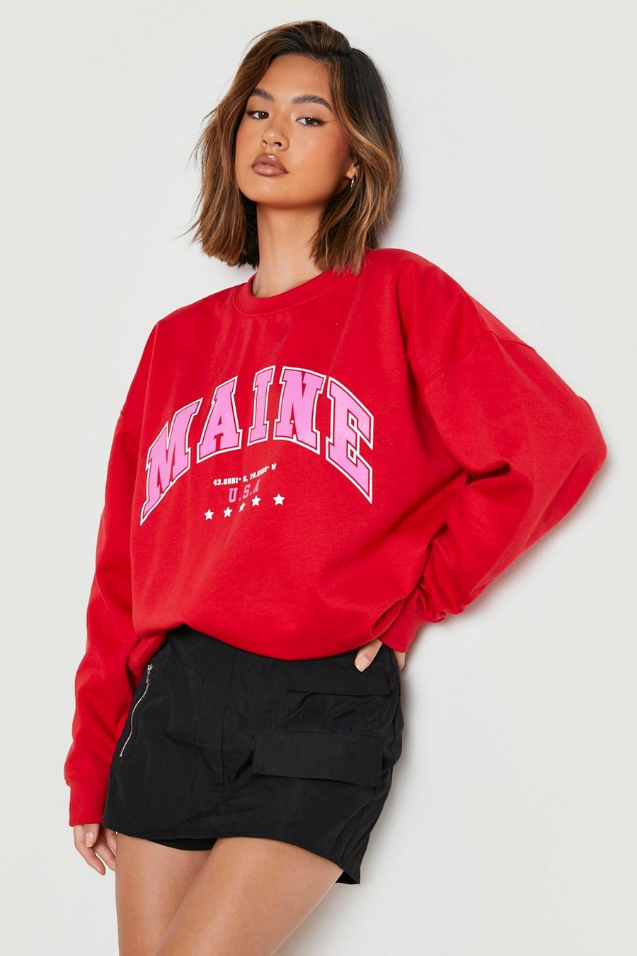Red Maine Varsity Slogan Oversized Sweater 