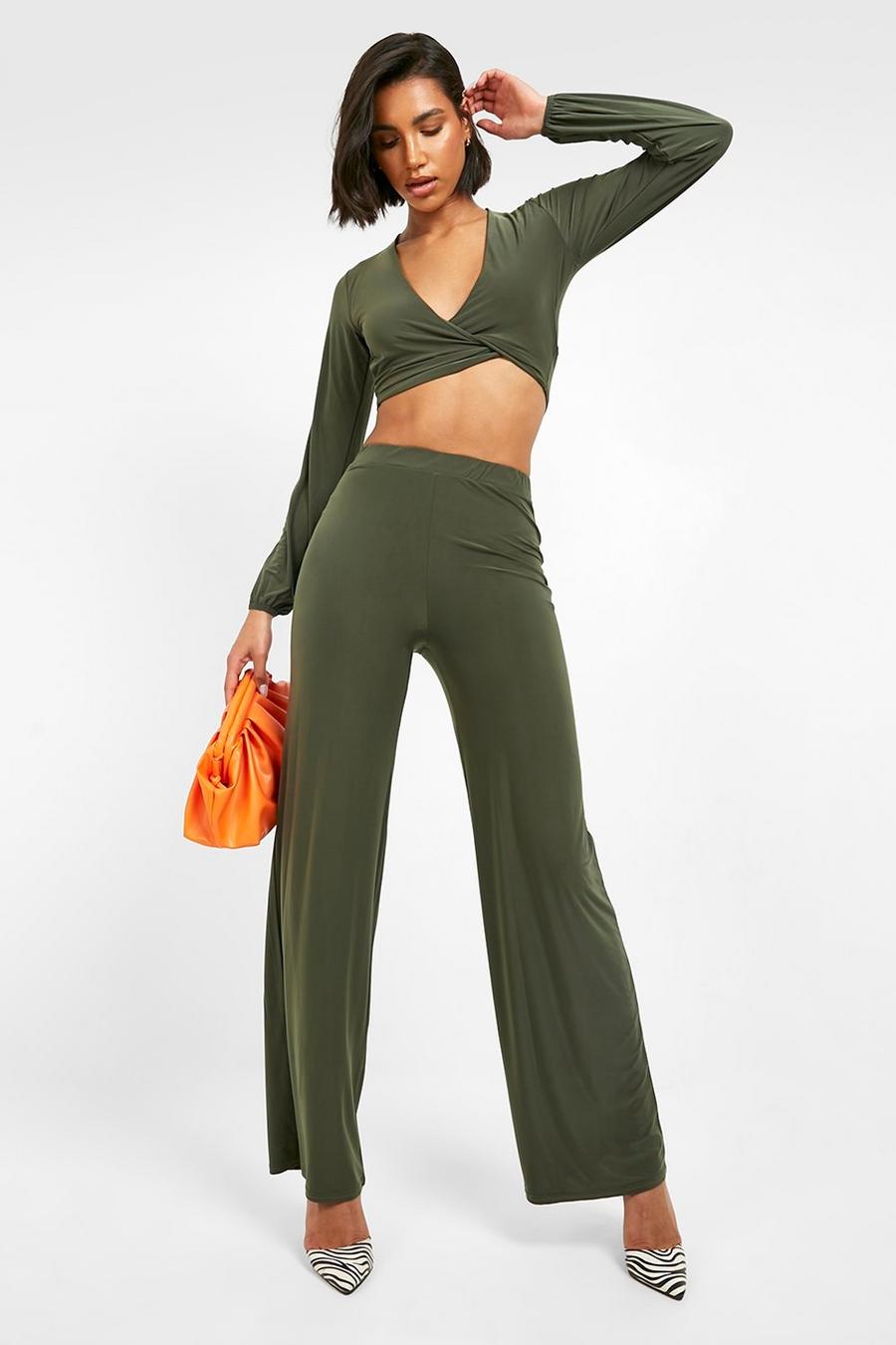 Olive Slinky Wide Leg Pants Two-Piece image number 1