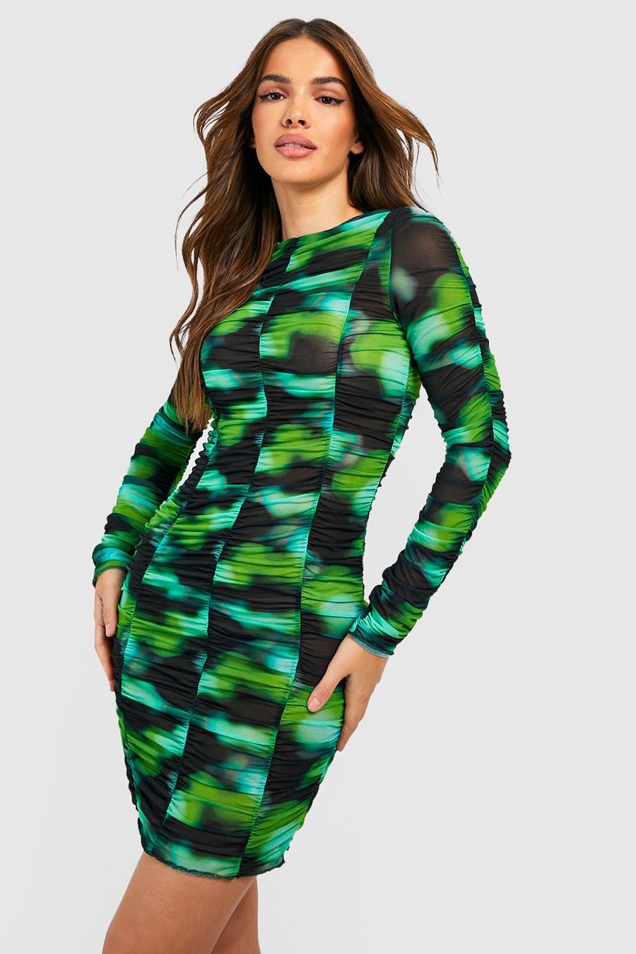 Green Abstract Mesh Ruched Mini Dress image number 1