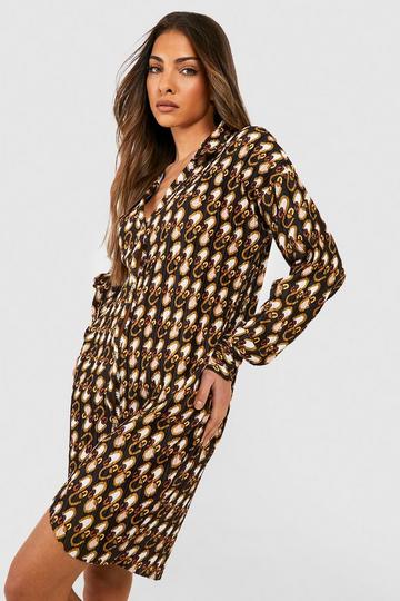 Plisse Chain Print Oversized Shirt Dress black