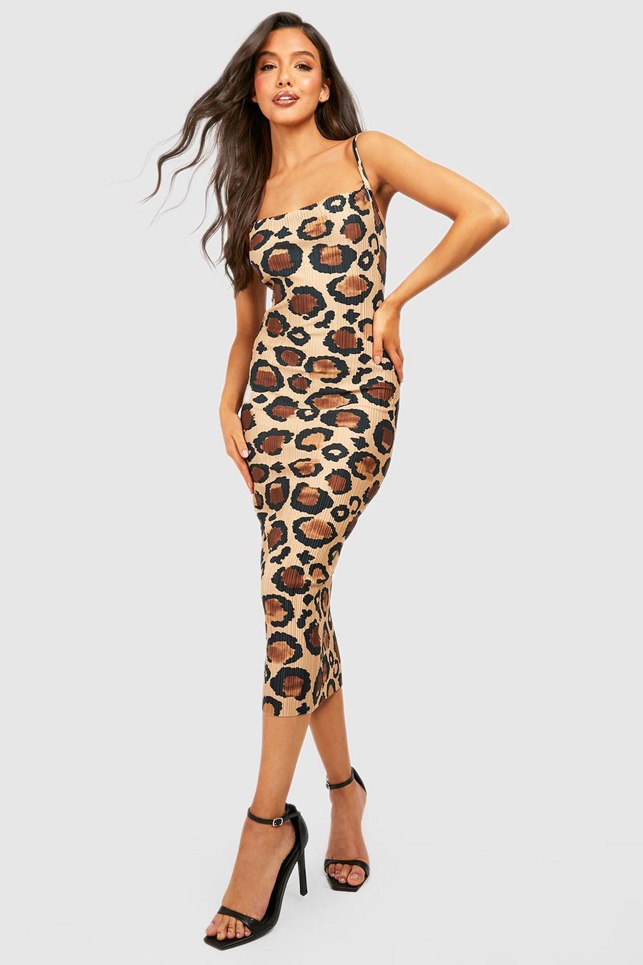Brown Leopard Plisse Cowl Neck Slip Dress
