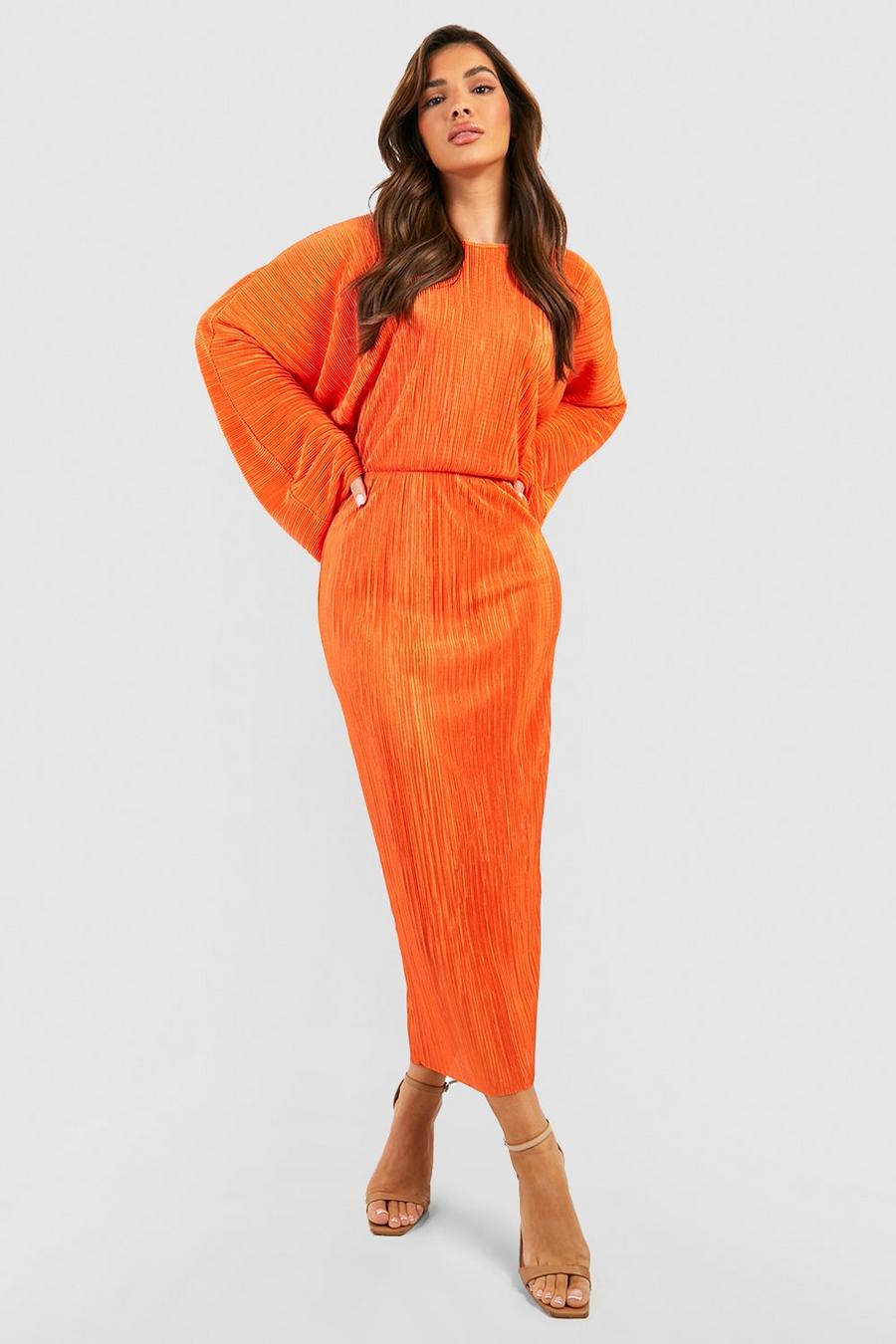 Orange  Plisse Batwing Midaxi Dress