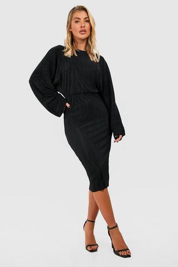 Plisse Batwing Midi Dress black