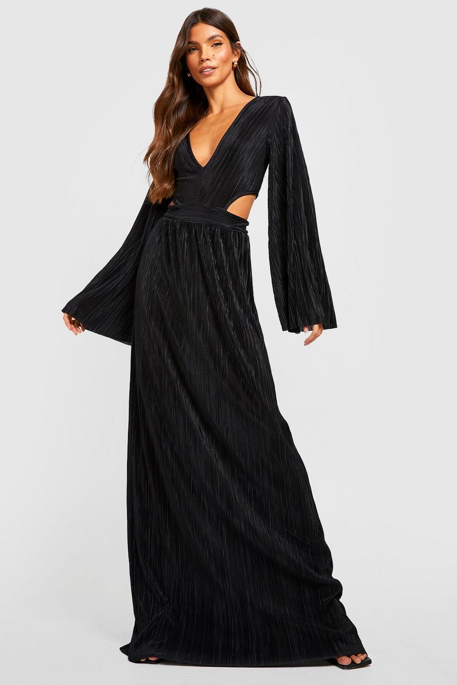 Black  Plisse Wide Sleeve Cut Out Maxi Dress
