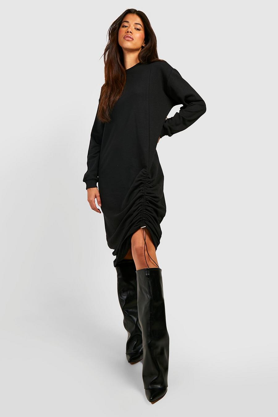 Black Oversized Ruched Side Midi Jumper Dress image number 1