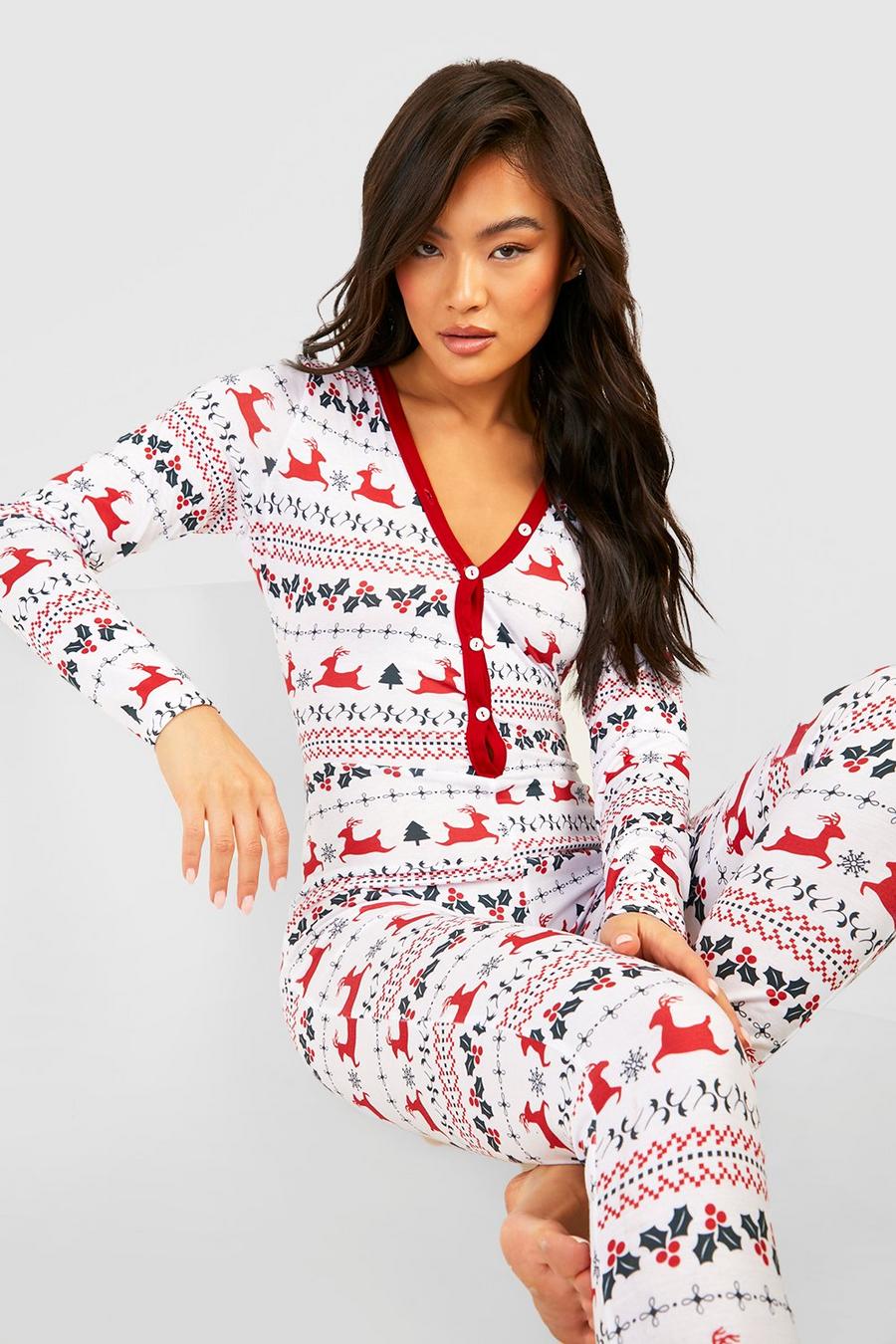 Cream Gebreide Getailleerde Kerst Pyjama Onesie image number 1