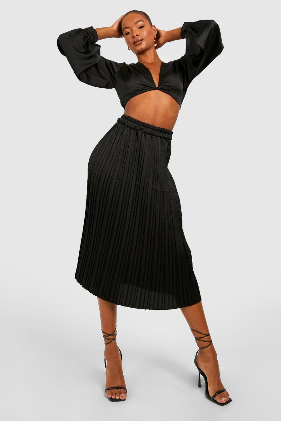Black Tall Pleated Satin Midi Skirt image number 1