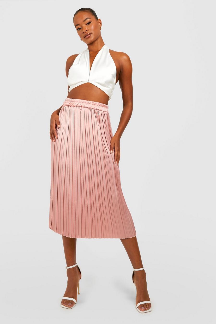 סמוק pink חצאית מידי מסאטן עם קפל, לנשים גבוהות image number 1