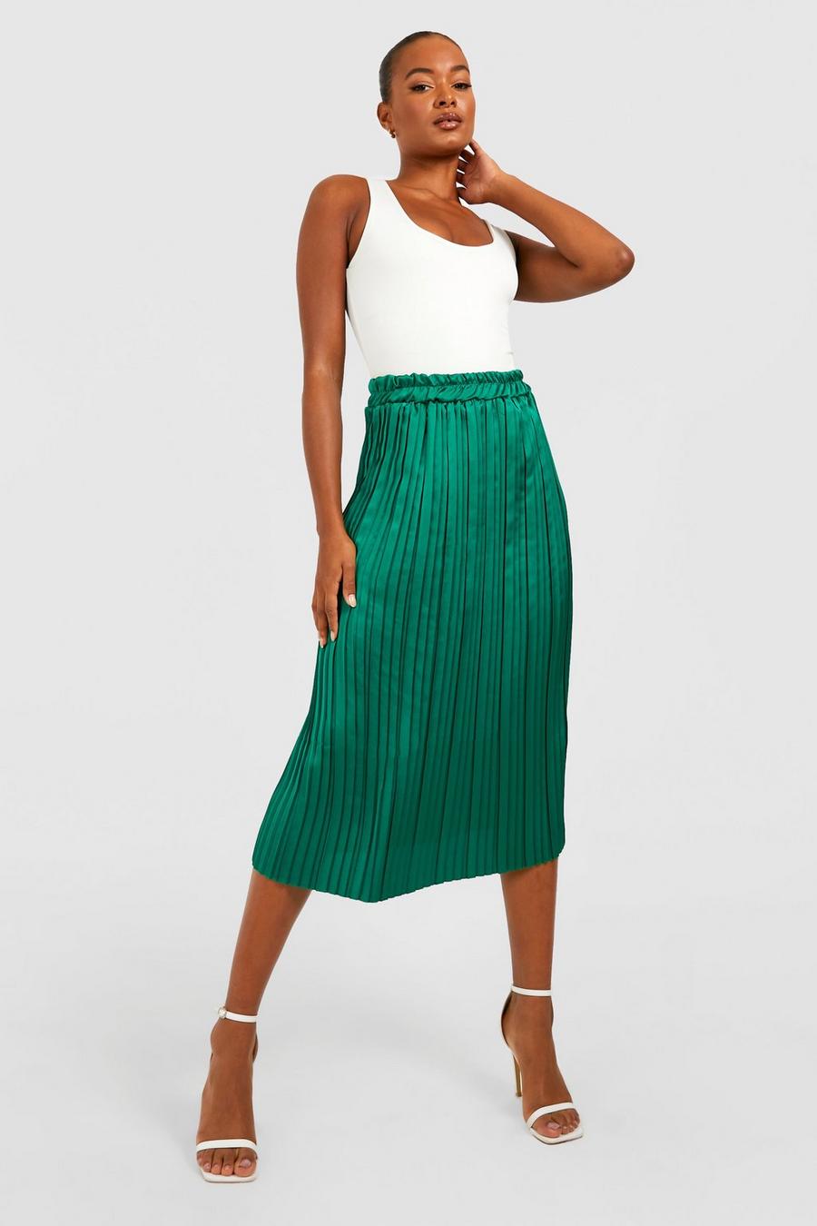 Emerald green Tall Pleated Satin Midi Skirt