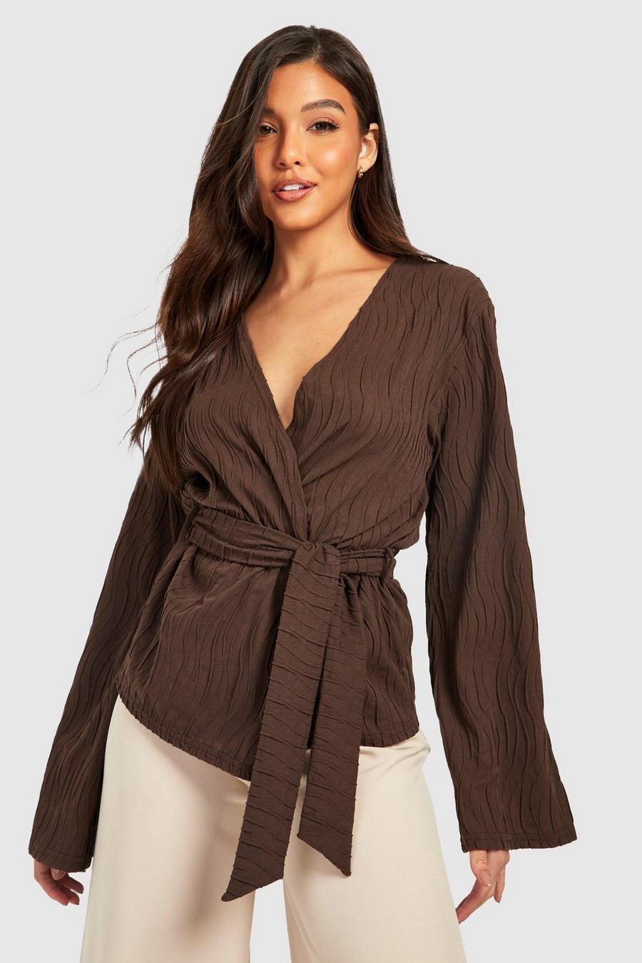Chocolate brown Belted Crinkle Kimono
