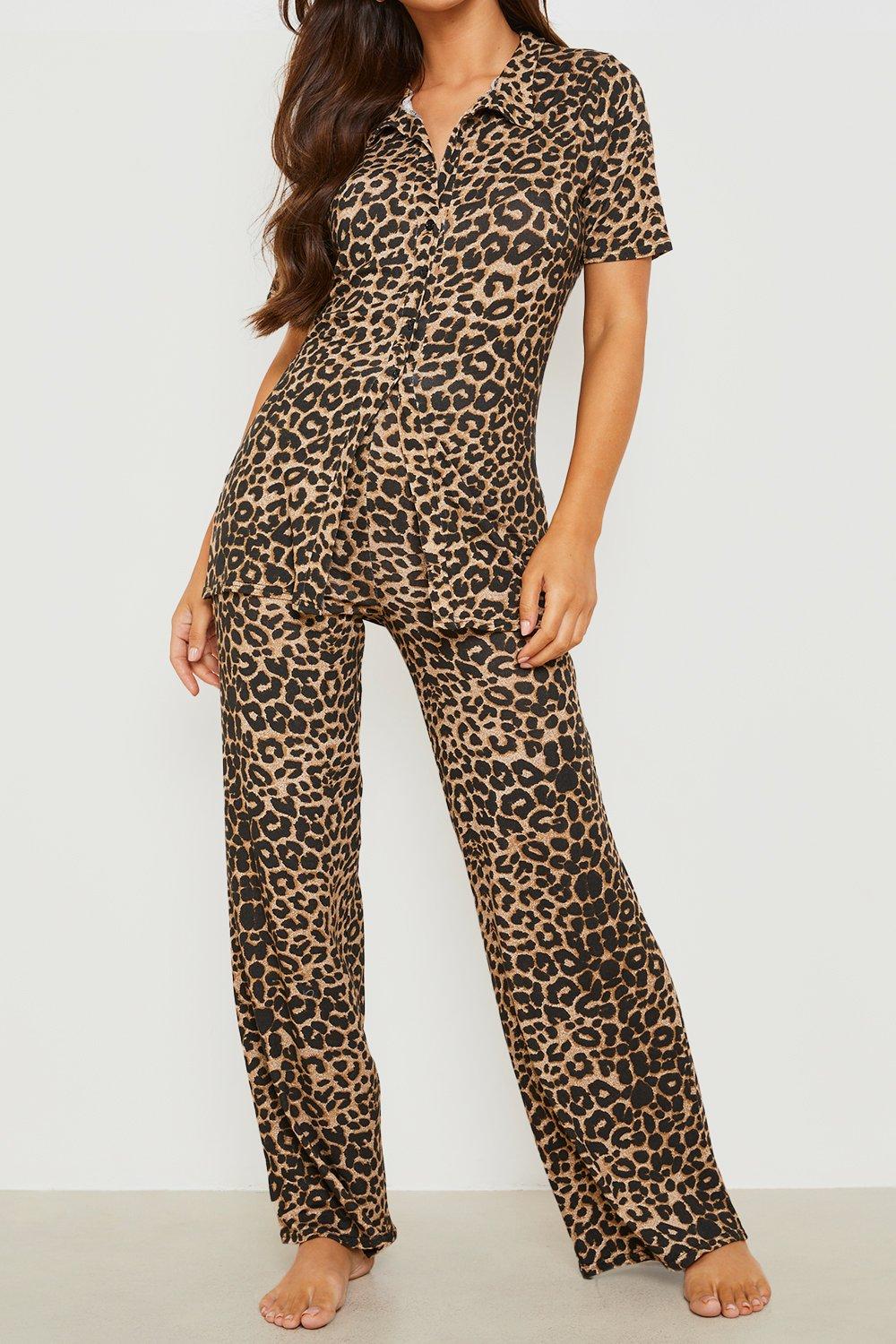 Leopard Jersey Knit Collar Button Up Lounge Set | boohoo