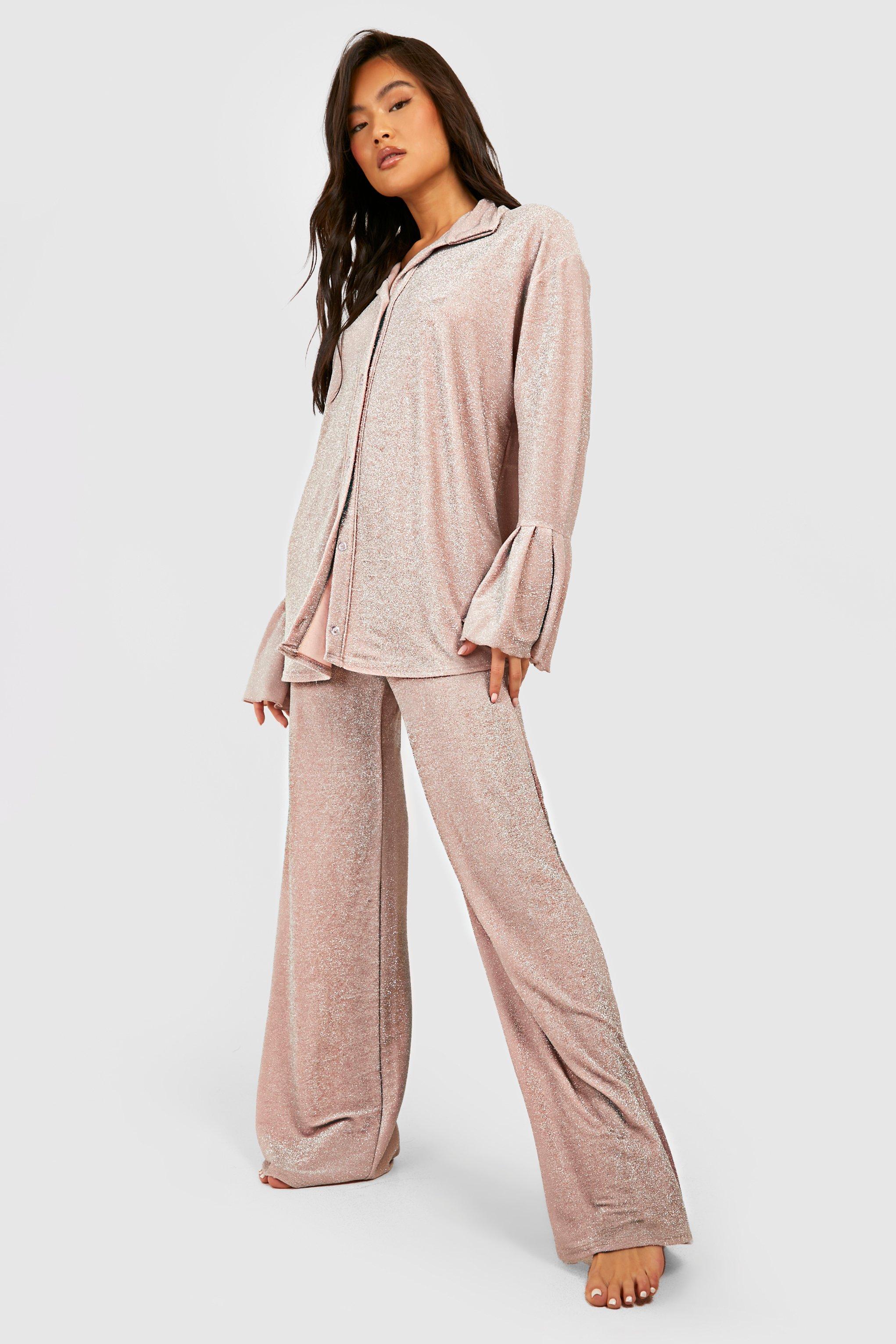 Women s Premium Shimmer Pyjama Trouser Set Boohoo UK