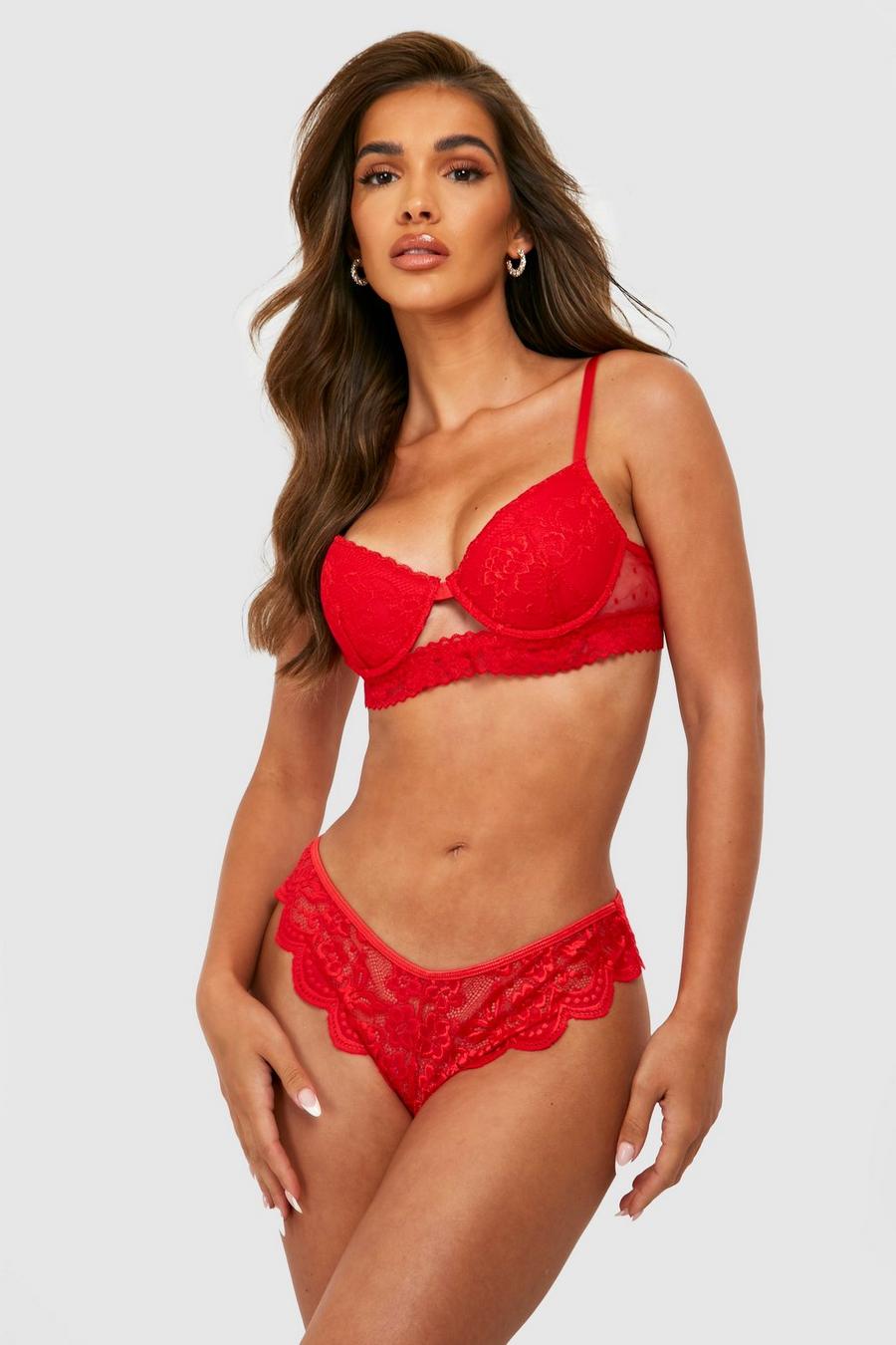 Plunge Lace And Mesh Bralette - Candy red