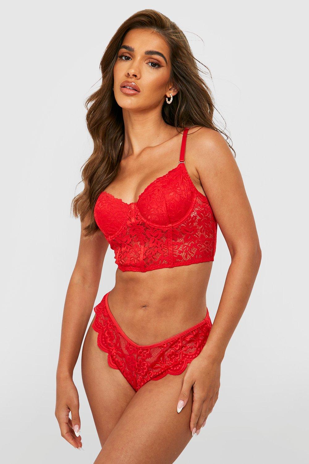 Eashery Bras Women's Fully Front Close Longline Lace Posture Bra Red 44D