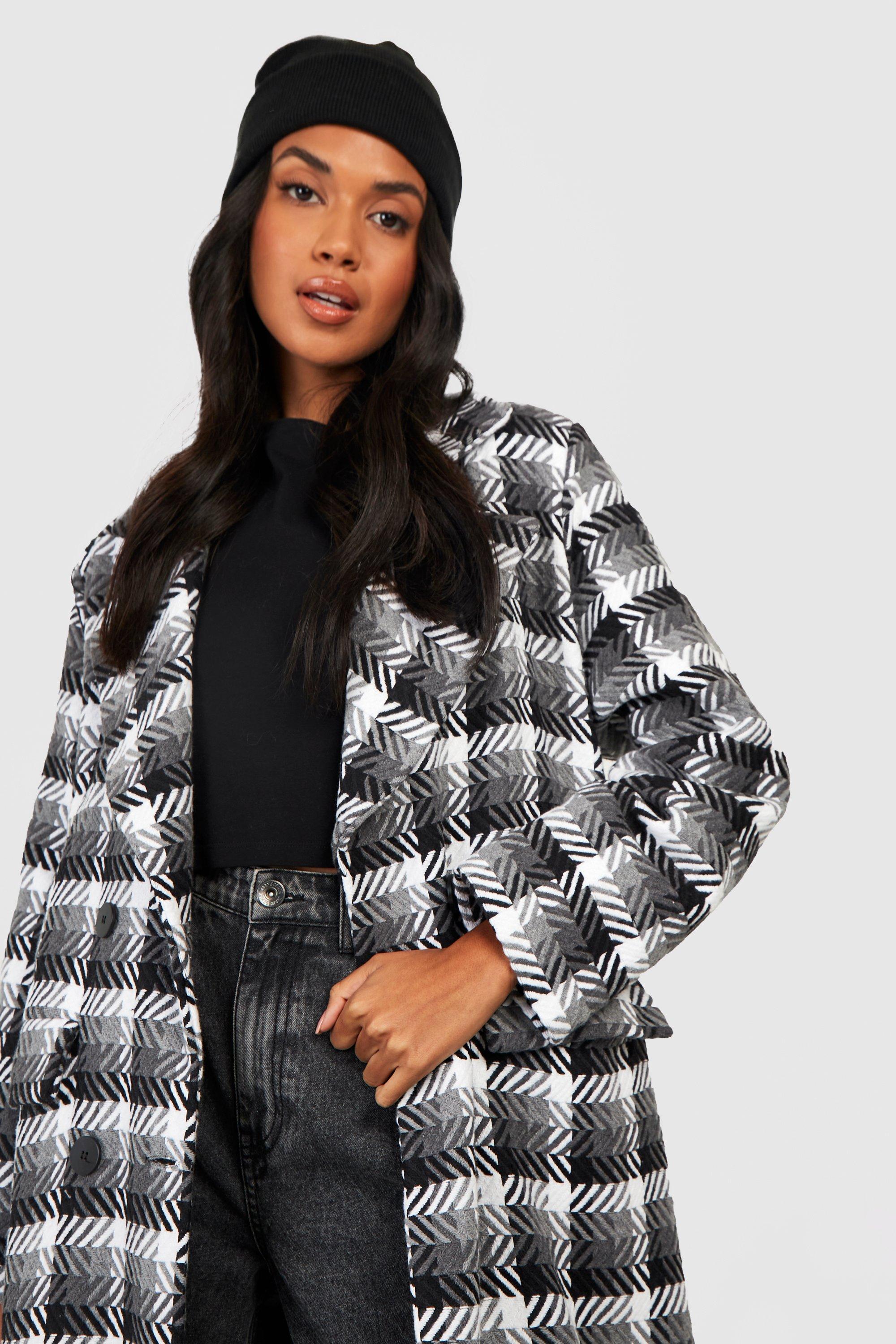 Women s Contrast Check Wool Look Coat Boohoo UK