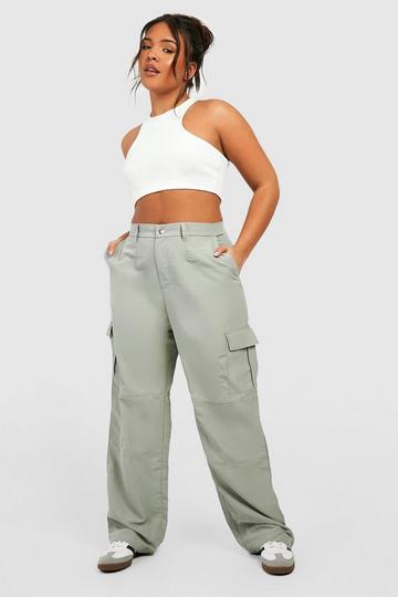 Sage Green Plus Twill Paperbag Waist Cargo Trousers
