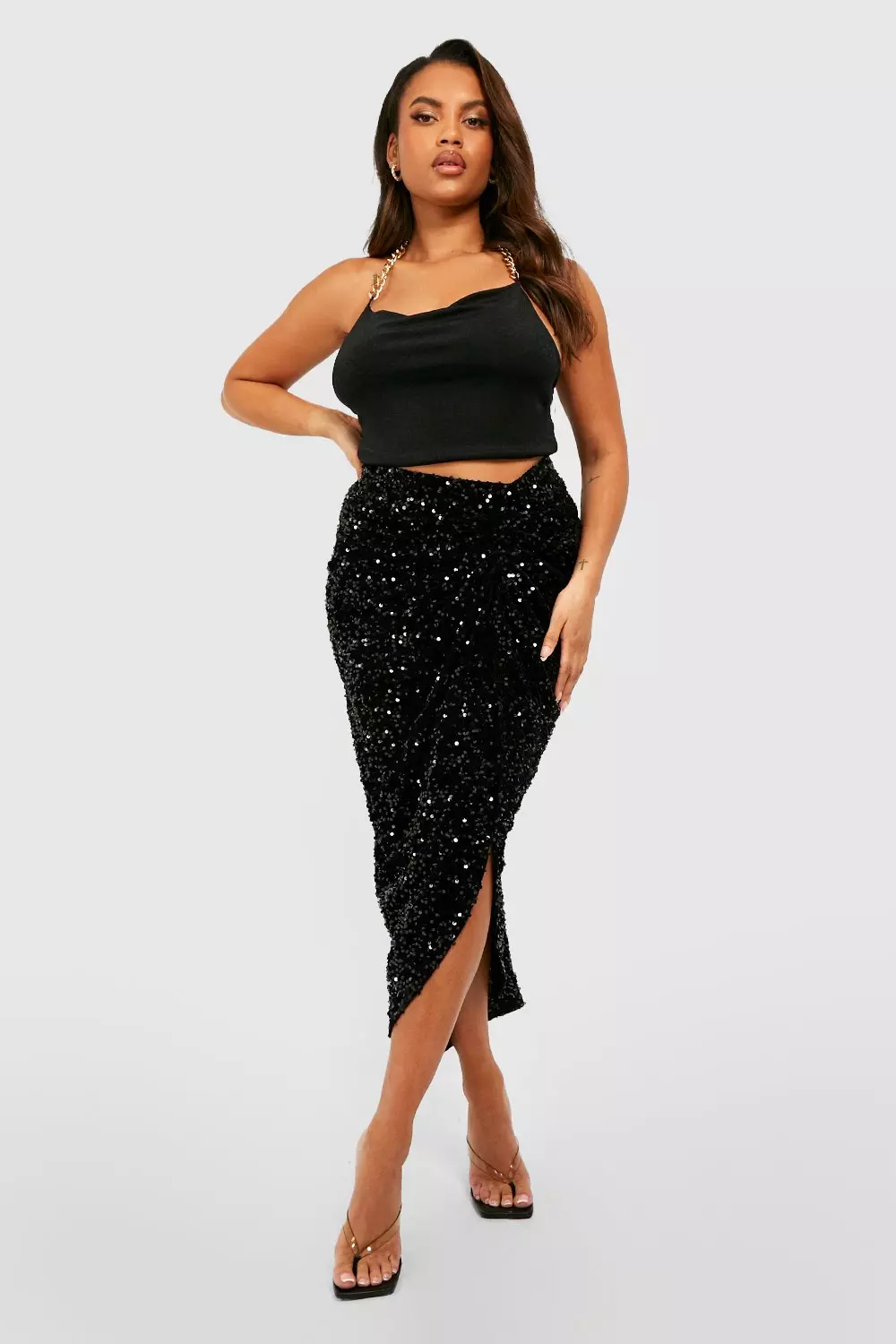Black Plus Sequin Ruched Front And Back Midi Skirt alternative image
