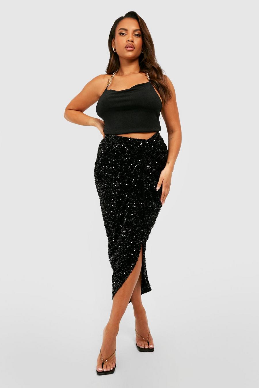Black Plus Sequin Ruched Front And Back Midi Skirt
