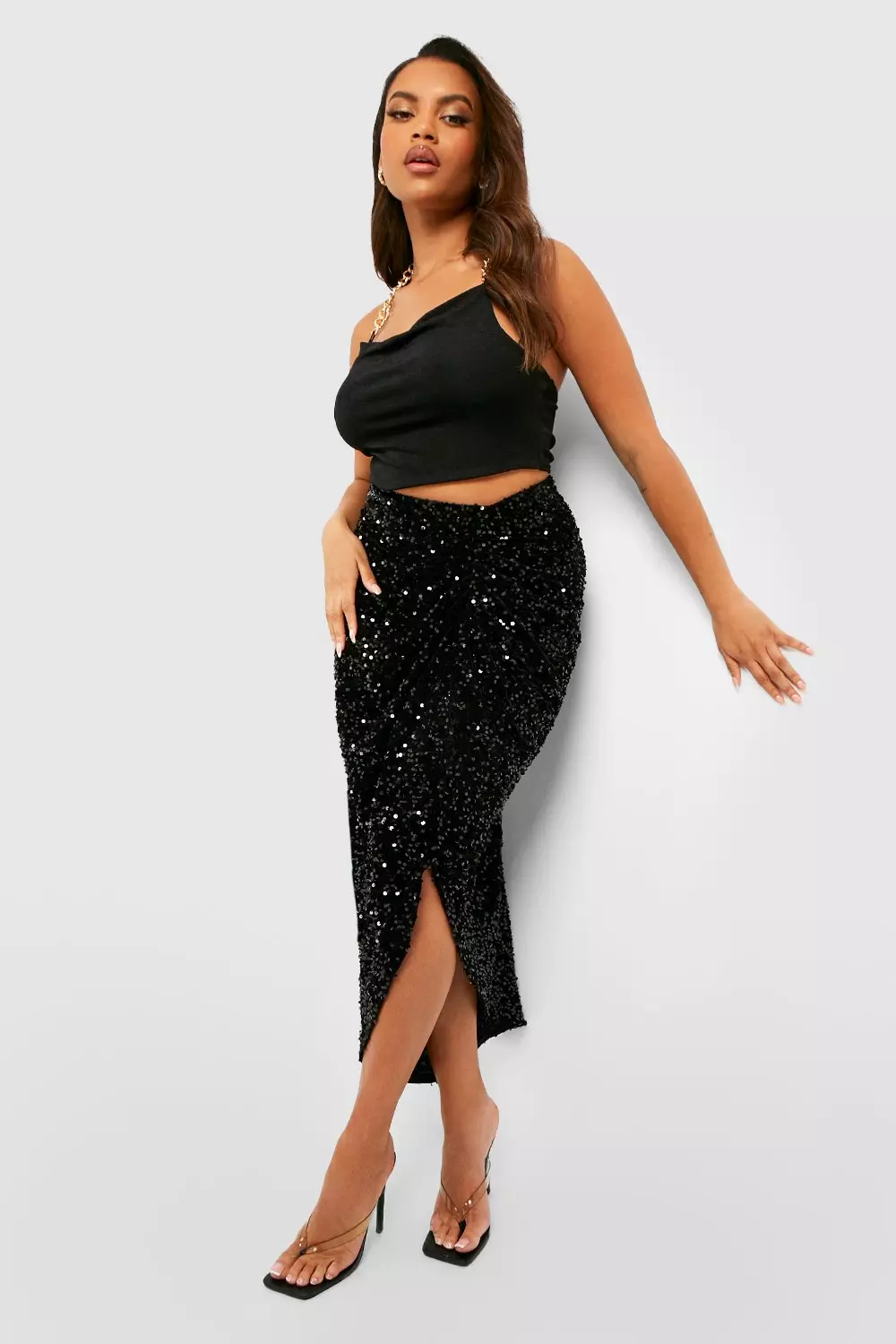Black Plus Sequin Ruched Front And Back Midi Skirt alternative image