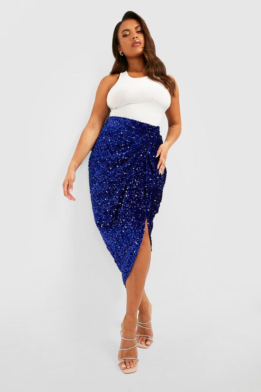 Blue Plus Sequin Ruched Front And Back Midi Skirt image number 1