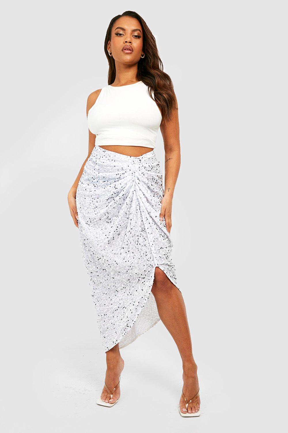 Plus Sequin Ruched Front And Back Midi Skirt