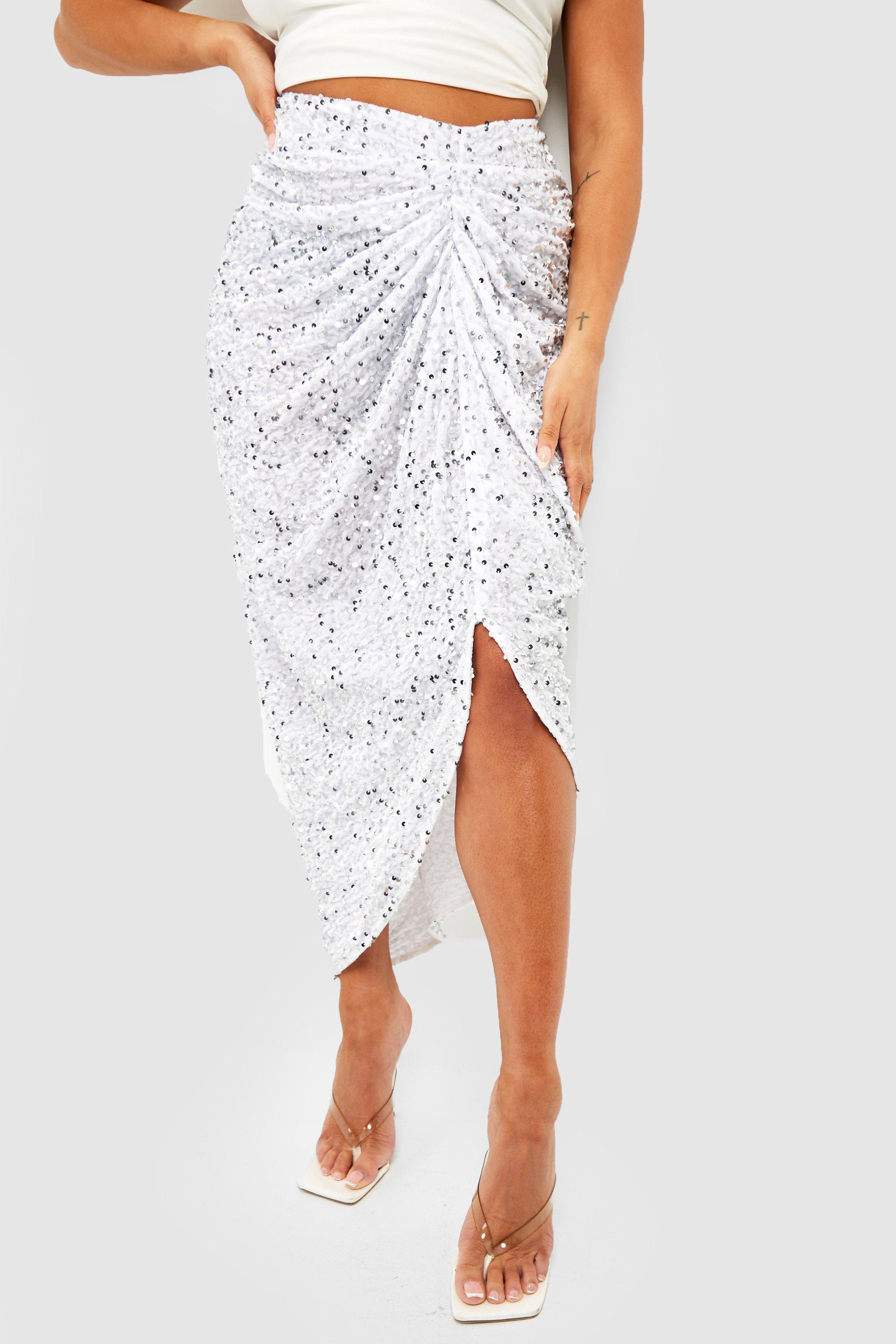 Sequin ruched outlet midi skirt