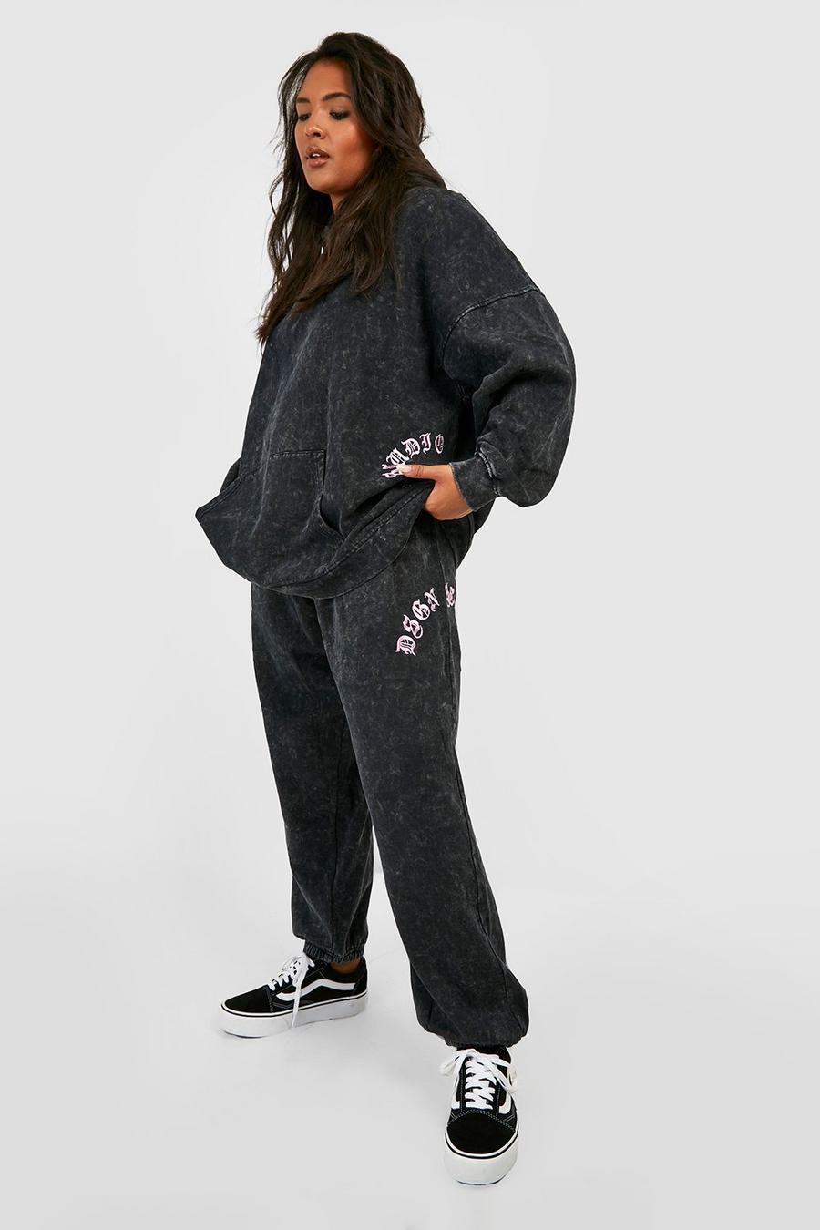 Charcoal Plus Acid Wash Embroidered Hooded Tracksuit image number 1
