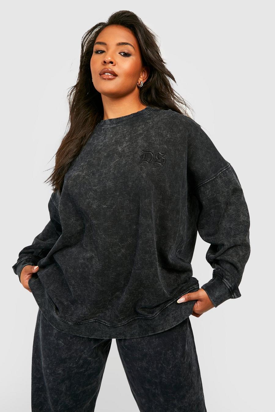 Charcoal grey Plus Acid Wash Embroidered Oversized Sweater image number 1