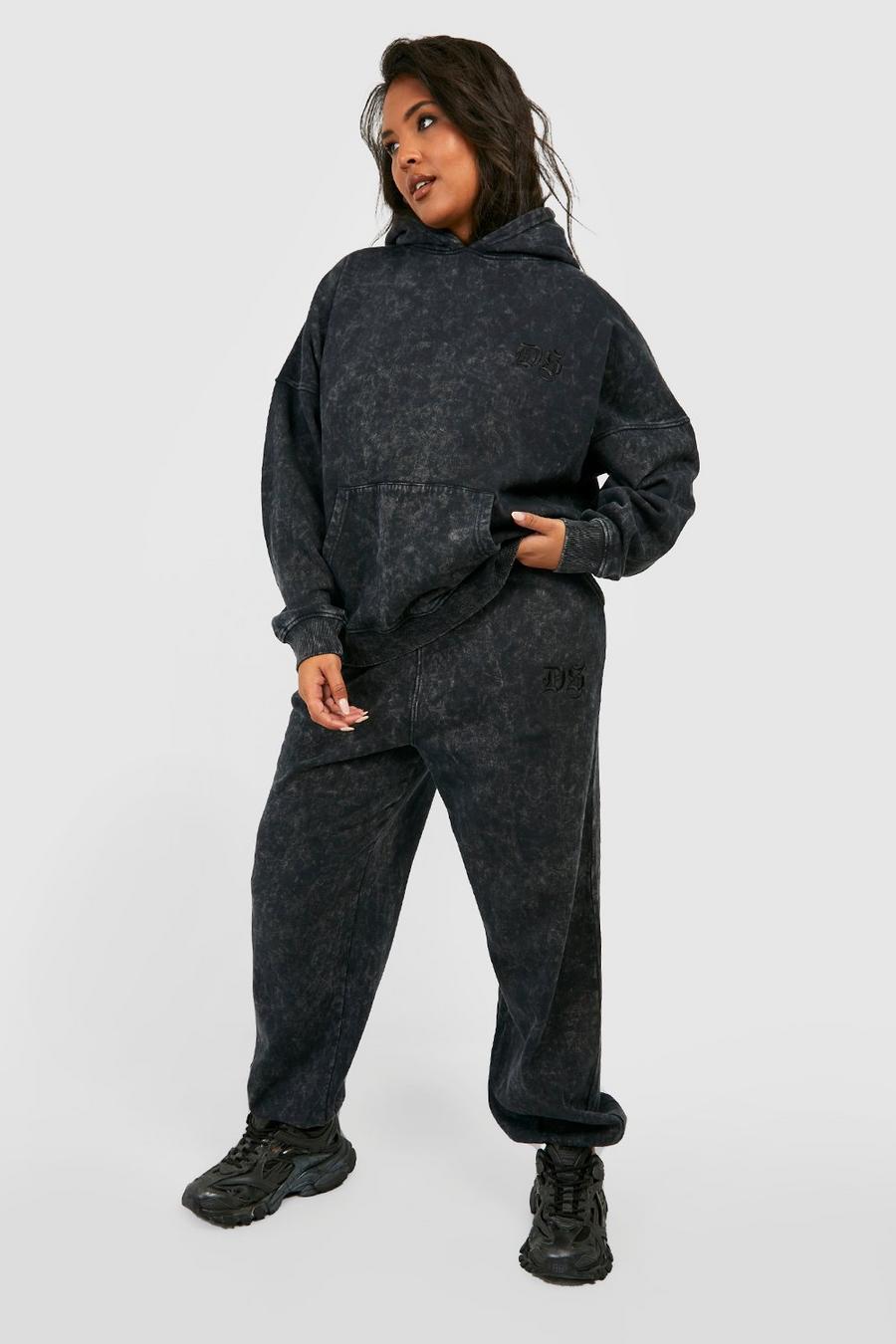 Plus bestickter Oversize Hoodie mit Acid-Waschung, Charcoal image number 1